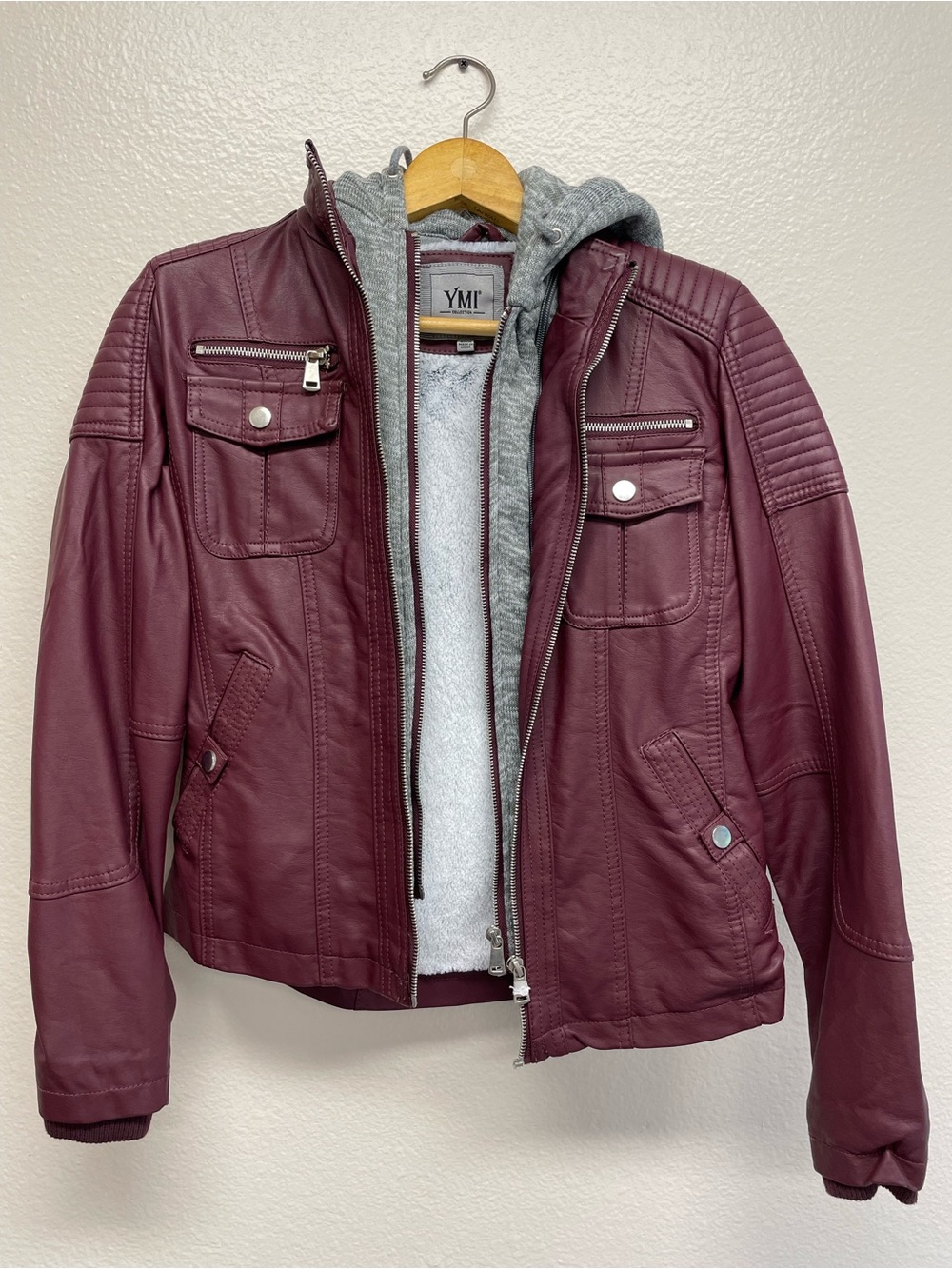YMI Collection Faux Leather Jacket Burgundy Gray Fake Fur Lining Detachable Hood